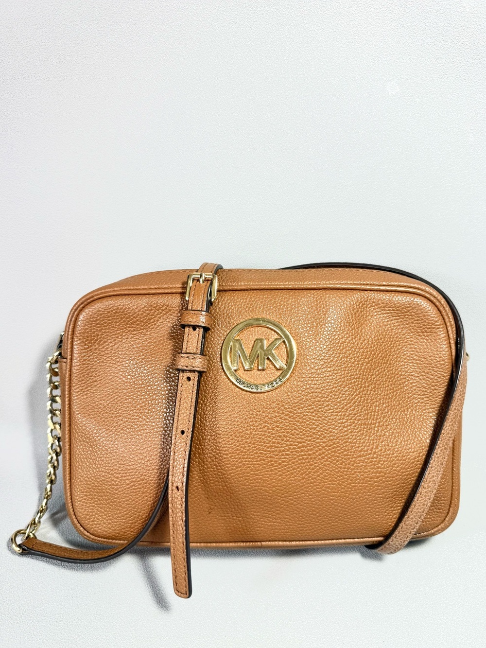Michael Kors Fulton Cognac Pebbled Leather Large Camera Crossbody Bag